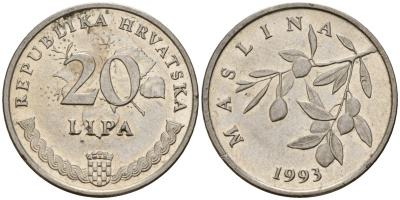 Хорватия 20 лип 1993 олива, легенда на хорватском KM 7 сталь плакированная никелем 4158-644