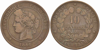 ФРАНЦИЯ 10 САНТИМОВ 1886 A, ТРЕТЬЯ РЕСПУБЛИКА (1871-1940) KM 815.1, LA FRANC 135.30 бронза 97-1012
