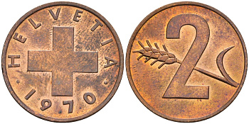 Швейцария 2 раппена 1970 KM 47 бронза UNC 4592-734