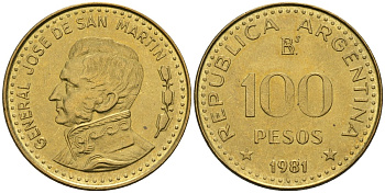 Аргентина 100 песо 1981 генерал Хосе де Сан Мартин KM 85а сталь плакированная латунью UNC 81-331