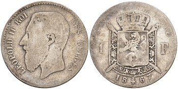 БЕЛЬГИЯ 1 ФРАНК 1867 ЛЕОПОЛЬД II (1865-1909), BELGES KM 28.1 серебро 4114-955