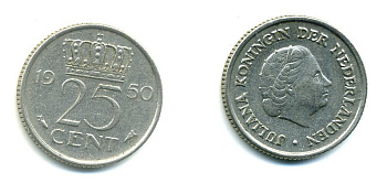 НИДЕРЛАНДЫ 25 ЦЕНТОВ 1950 ЮЛИАНА KM 183 никель 76-359