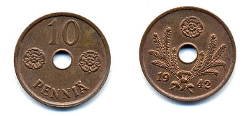 ФИНЛЯНДИЯ 10 ПЕННИ 1942 KM 33.1 медь 51-5023