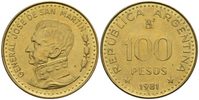 Аргентина 100 песо 1981 генерал Хосе де Сан Мартин KM 85а сталь плакированная латунью UNC 81-331