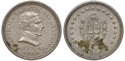Уругвай 25 сентесимо 1960 KM 40 медно-никель 4169-935