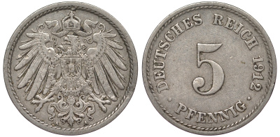 Германия 5 пфеннигов 1912 A, KM 11, J. 12 медно-никель 25-2311