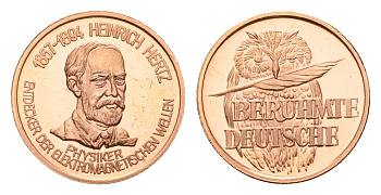ФРГ медаль из серии знаменитые немцы - Генрих Герц (1857-1894) - доказал существование электромагнитных волн 1980-ые диаметр 18 мм, вес 2,3 гр алюминий плакированный медью UNC 4625-1045