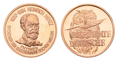 ФРГ медаль из серии знаменитые немцы - Генрих Герц (1857-1894) - доказал существование электромагнитных волн 1980-ые диаметр 18 мм, вес 2,3 гр алюминий плакированный медью UNC 4625-1045