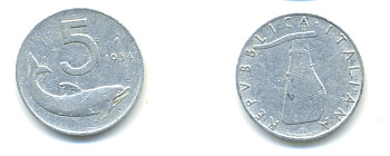 ИТАЛИЯ 5 ЛИР 1954 R, РУЛЬ, ДЕЛЬФИН KM 92 алюминий 86-943