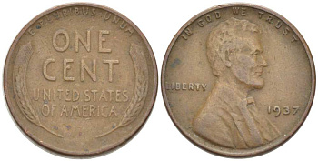 США 1 ЦЕНТ 1937 ЛИНКОЛЬН KM 132 бронза 218-356