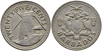 Барбадос 25 центов 1973 ветряная мельница Моргана Льюиса KM 13 медно-никель 4398-332