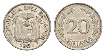 Эквадор 20 сентаво 1969 KM 77.1c сталь плакированная никелем 4643-1236