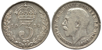 Великобритания 3 пенса 1919 Георг V (1910-1936) KM 813, Spink 4015 серебро 4528-514