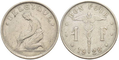 БЕЛЬГИЯ 1 ФРАНК 1928 BELGIQUE KM 89 никель 4546-225