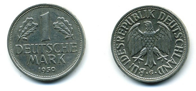 ФРГ 1 марка 1950 G, KM 110, J. 385 медно-никель 72-622