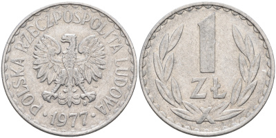 ПОЛЬША 1 ЗЛОТЫЙ 1977 MW KM 49.1 алюминий 4592-316