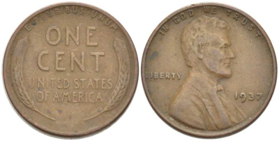 США 1 ЦЕНТ 1937 ЛИНКОЛЬН KM 132 бронза 218-356