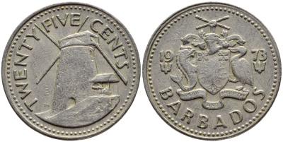 Барбадос 25 центов 1973 ветряная мельница Моргана Льюиса KM 13 медно-никель 4398-332