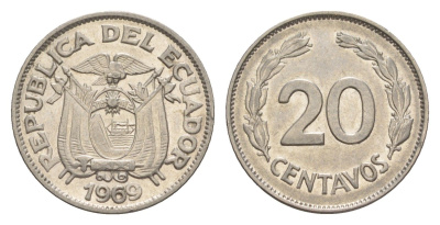 Эквадор 20 сентаво 1969 KM 77.1c сталь плакированная никелем 4643-1236