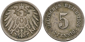 ГЕРМАНИЯ 5 ПФЕННИГОВ 1906 A, KM 11, J. 12 медно-никель 75-822
