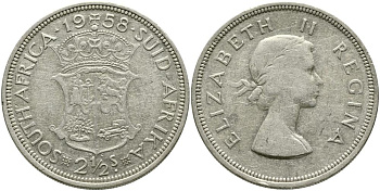 ЮАР 2-1/2 шиллинга 1958 Елизавета II (1952-2022) KM 51 серебро 4542-623