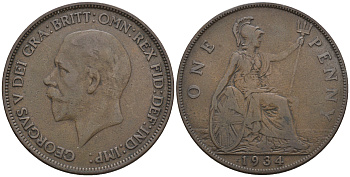 Великобритания 1 пенни 1934 Георг V (1910-1936) КМ 838, Spink 4055 бронза 4607-1111