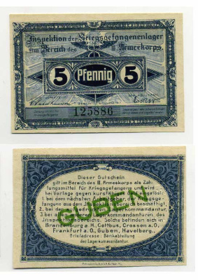 Германия 5 пфеннигов 1917 инспекция лагерей военнопленных в Губене, III-ий Армейский корпус C-3054 бумага UNC (пресс) 504-74-2-1