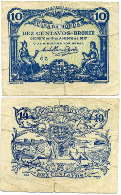 ПОРТУГАЛИЯ 10 СЕНТАВО 1917 СИНЯЯ, 15 АВГУСТА 1917, CASA DA MOEDA Pick 95b бумага F 8606-29-3-1