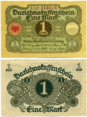 ГЕРМАНИЯ 1 МАРКА 1920 1 МАРТА 1920, ВЕЙМАРСКАЯ РЕСПУБЛИКА Pick 58 бумага аUNC 7548-63-1