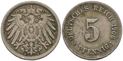 ГЕРМАНИЯ 5 ПФЕННИГОВ 1906 A, KM 11, J. 12 медно-никель 75-822