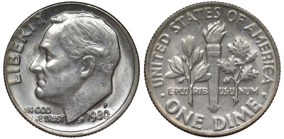 США 10 центов = дайм 1980 P, Рузвельт KM 195а медь плакированная медно-никелем 4124-451