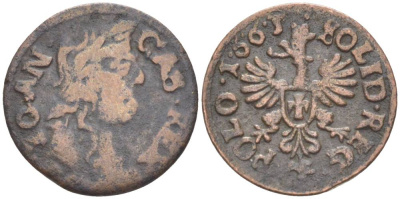 Польша 1 солид (шелаг, шиллинг) 1665 Ян II Казимир (1648-1668), боратынка, вес 1,19 гр. KM 110 медь 1517-843