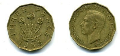 Великобритания 3 пенса 1938 Георг VI (1936-1952) KM 849, Spink 4112 никель латунь 89-613
