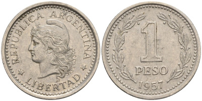 Аргентина 1 песо 1957 голова свободы влево KM 57, Schon 57 сталь плакированная никелем    60-1013
