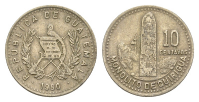 Гватемала 10 сентаво 1990 монолиты Киригуа KM 277.5 медно-никель 4613-237