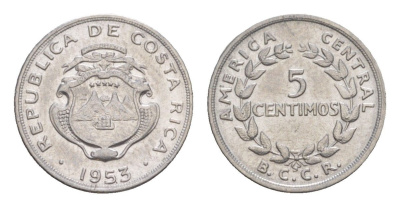 Коста-Рика 5 сентимо 1953 KM 184.1a нержавеющая сталь UNC 4644-317
