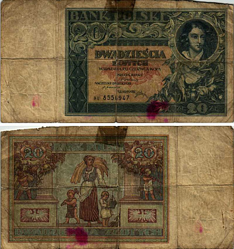 ПОЛЬША 20 ЗЛОТЫХ 1931 20 ИЮНЯ 1931, ПЛАТЕР Pick 73 бумага VG 7183-37-2-2