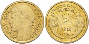 ФРАНЦИЯ 2 ФРАНКА 1938 ТИП MORLON, ТРЕТЬЯ РЕСПУБЛИКА (1871-1940) KM 886, LE FRANC 268.11 алюминиевая бронза 3855-641
