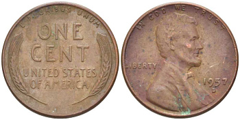 США 1 ЦЕНТ 1957 D, ЛИНКОЛЬН KM А132 медь цинк 218-722