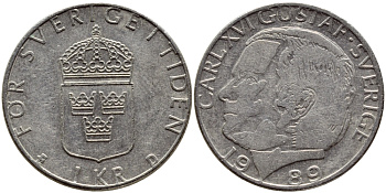 Швеция 1 крона 1989 Карл XVI Густав (1973- ) KM 852a медно-никель 4397-1241