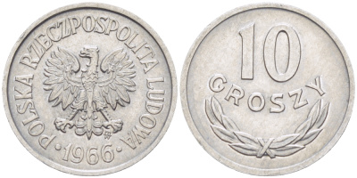 Польша 10 грошей 1966 MW KM AA47, Parchimowicz 206e алюминий UNC 4181-239