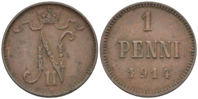 Россия для Финляндии 1 пенни 1914 Николай II (1894-1917) KM 13, Биткин 474 медь 4396-1426