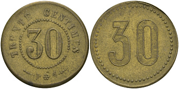 ФРАНЦИЯ 30 САНТИМОВ ND ПЛАТЕЖНЫЙ ЖЕТОН НАЧАЛА XX ВЕКА, НОМИНАЛ НА АВЕРСЕ ЦИФРАМИ И ПРОПИСЬЮ, ДИАМЕТР 24 ММ. латунь 65-336