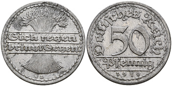 Германия 50 пфеннигов 1919 D   KM 27,  J. 301 алюминий    4153-522