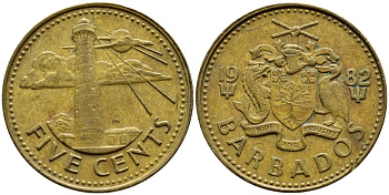 Барбадос 5 центов 1982 маяк Саут-Пойнт KM 11 латунь 4398-527