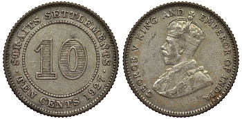 Стрейтс-Сетлментс 10 центов 1927 Георг V (1910-1936) КМ 29b серебро 53-645