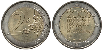 Франция 2 евро 2008 председательство в ЕС KM 1459 биметалл 3856-646