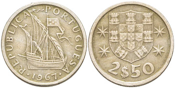 ПОРТУГАЛИЯ 2,5 ЭСКУДО 1967 ПАРУСНИК KM 590 медно-никель 4523-1047