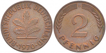 ФРГ 2 ПФЕННИГА 1970 G KM 106а, J. 381а сталь плакированная сталь плакированная медьюю 4547-1154