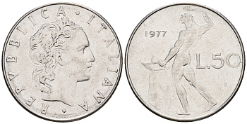 Италия 50 лир 1977 R, бог огня Вулкан у наковальни KM 95.1 нержавеющая сталь 259-134